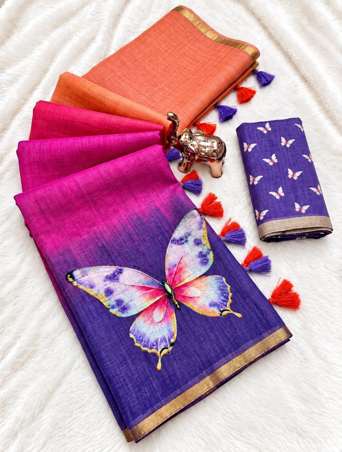 Turquoise Pink Butterfly Floral Linen Cotton Saree